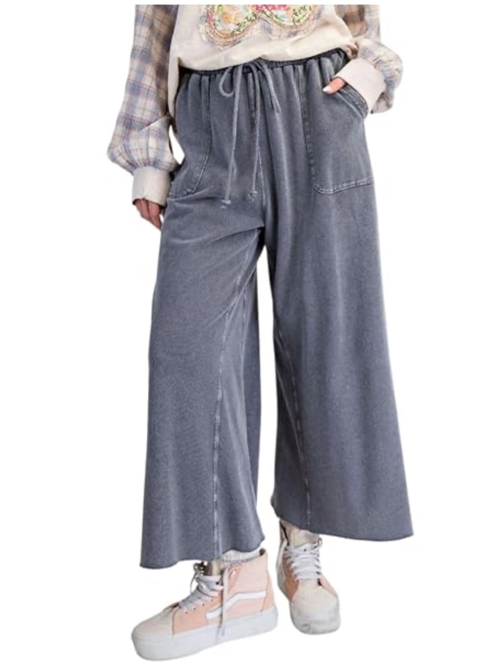 New: Easel Lazy Days Mineral Washed Terry Knit Wide Leg Pants• Large